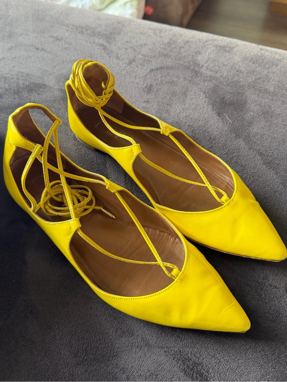Aquazzura Lemon Yellow Pointed Toe Lace-Up Women’s Flats 37.5